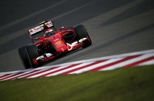 Ferrari Formula One driver Raikkonen of Finland drives during the second practice session ahead of the Chinese F1 Grand Prix at the Shanghai International Circuit