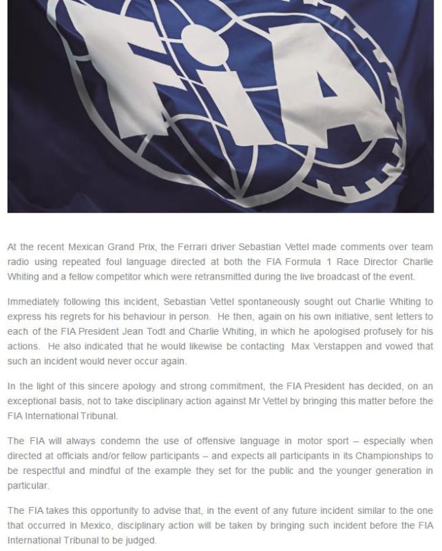 Il comunicato originale della FIA